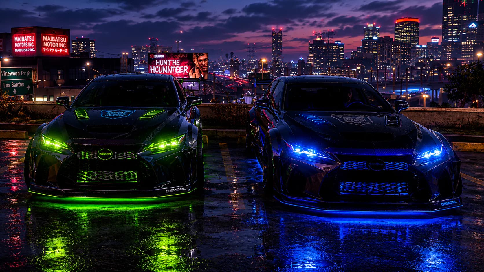 Two customized NorthBridge performance cars overlooking the city at sunset