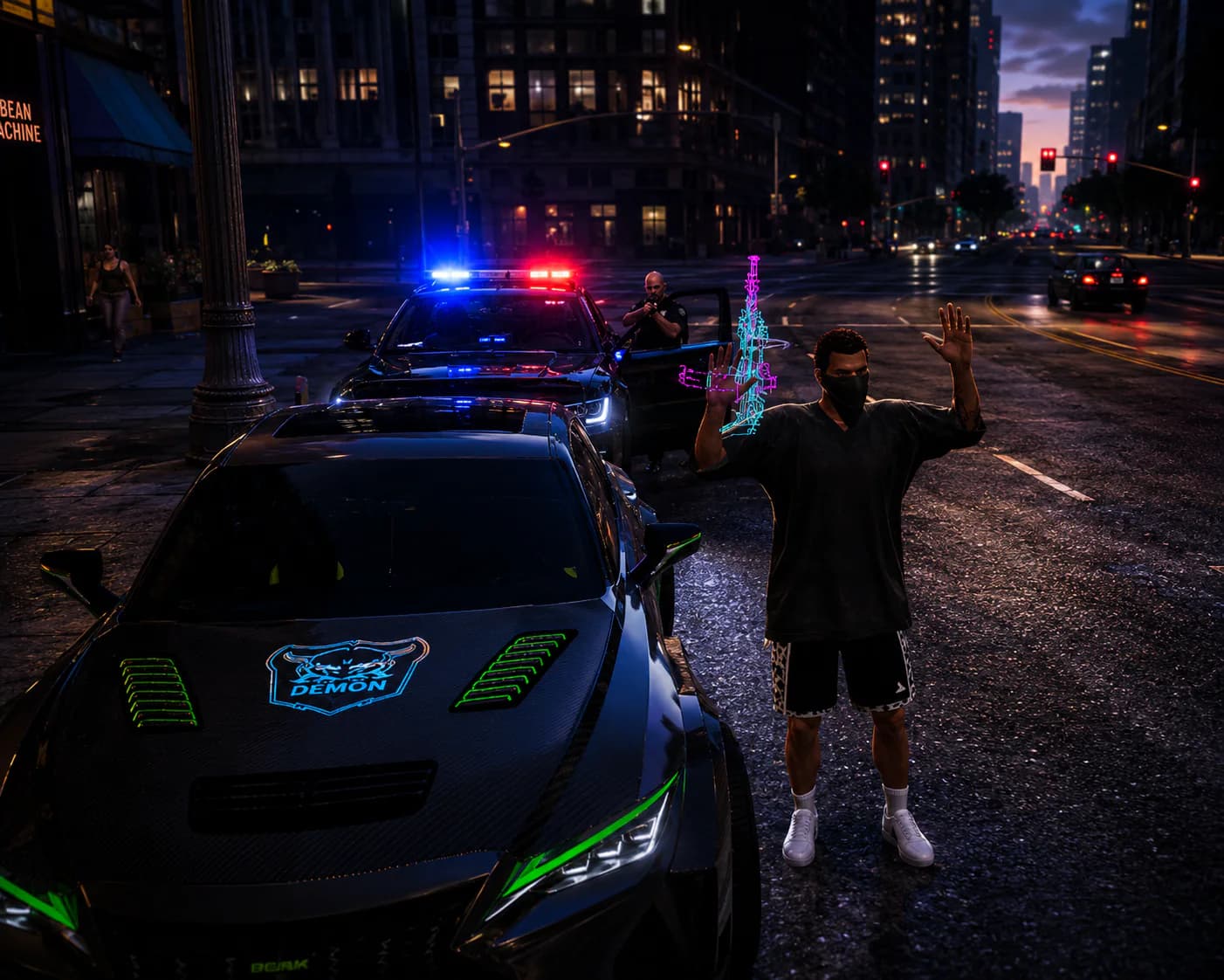 Armed NorthBridge officers ordering a suspect to raise their hands during a traffic stop