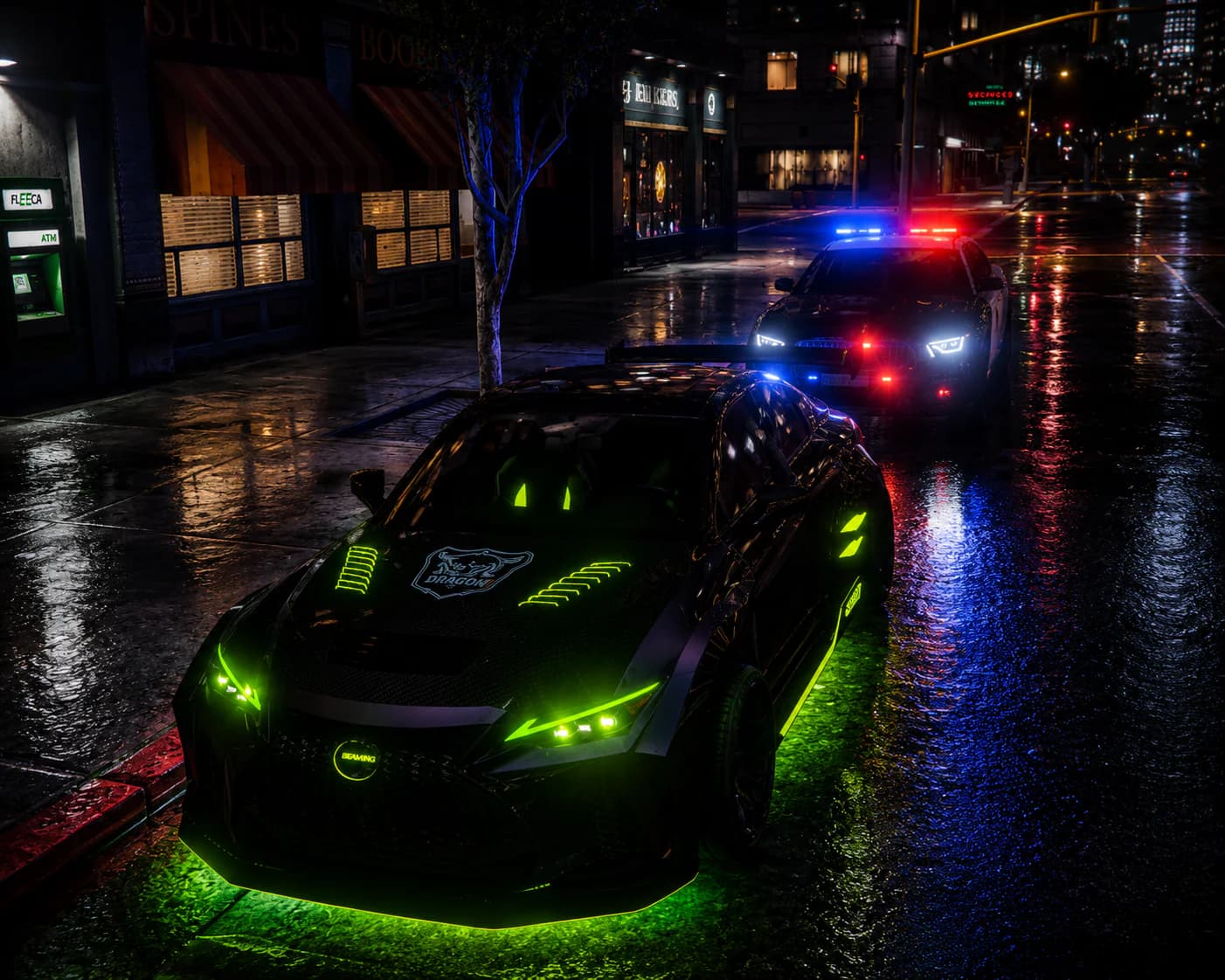 NorthBridge police conducting a nighttime traffic stop on a wet city street