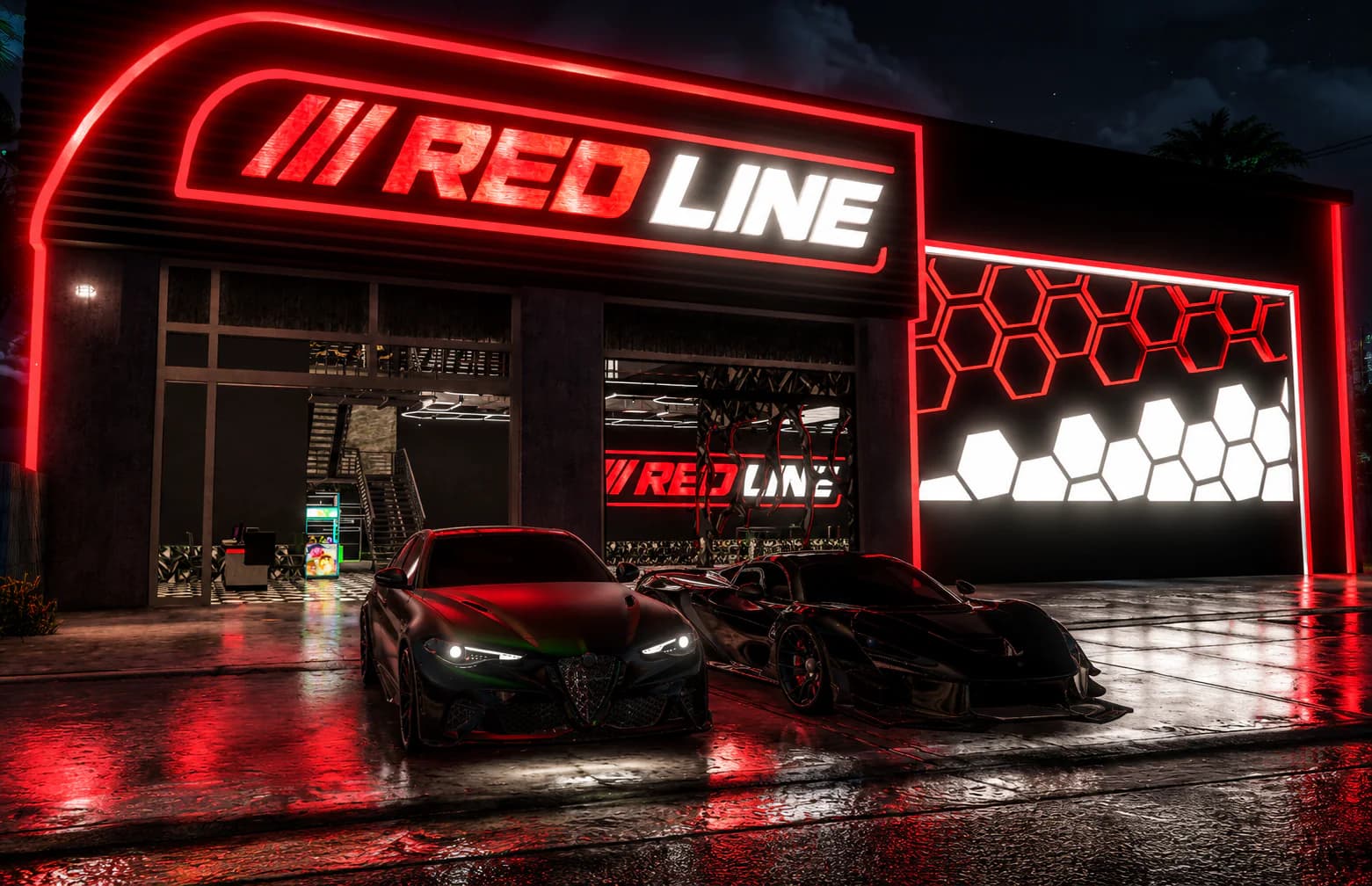 Customized vehicles gathered outside Redline Performance