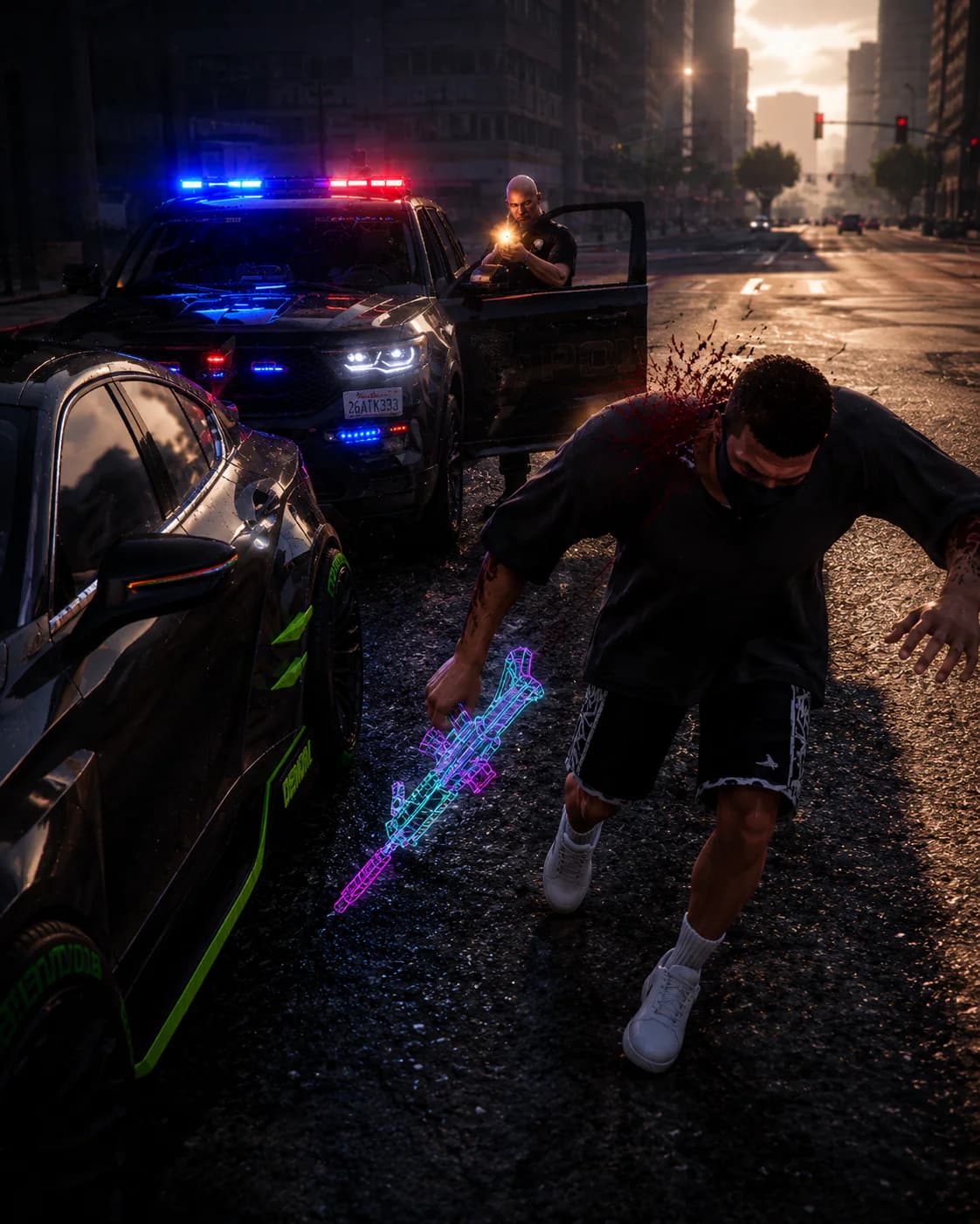 NorthBridge police confronting an armed suspect at sunset